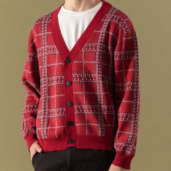 RSQ cardigan Mens Size Large plaid knit button up Academia V Neck Sweater New - Picture 1 of 12